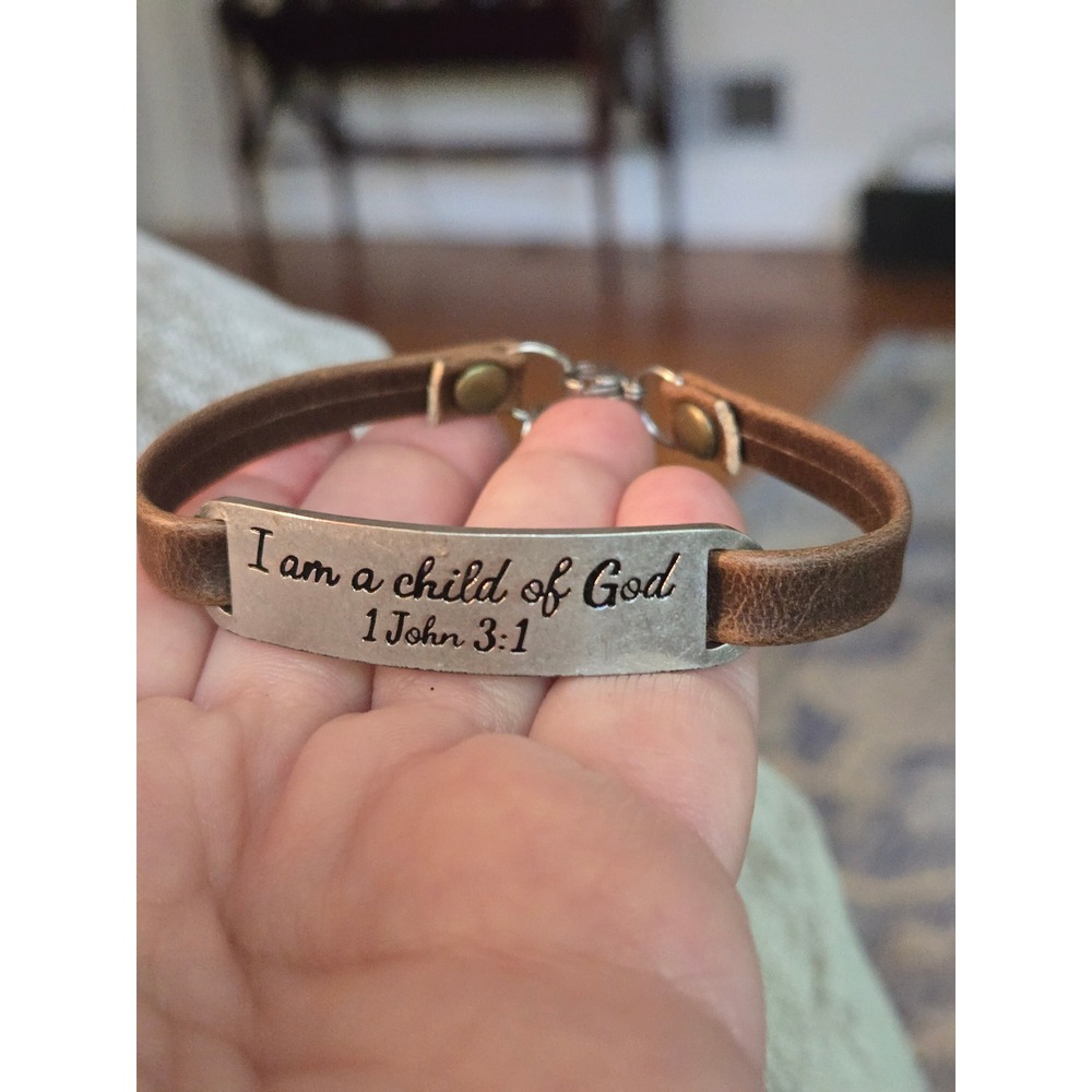 1 John 3:1 Bible Verse Bracelet Leather Silvertone Vintage